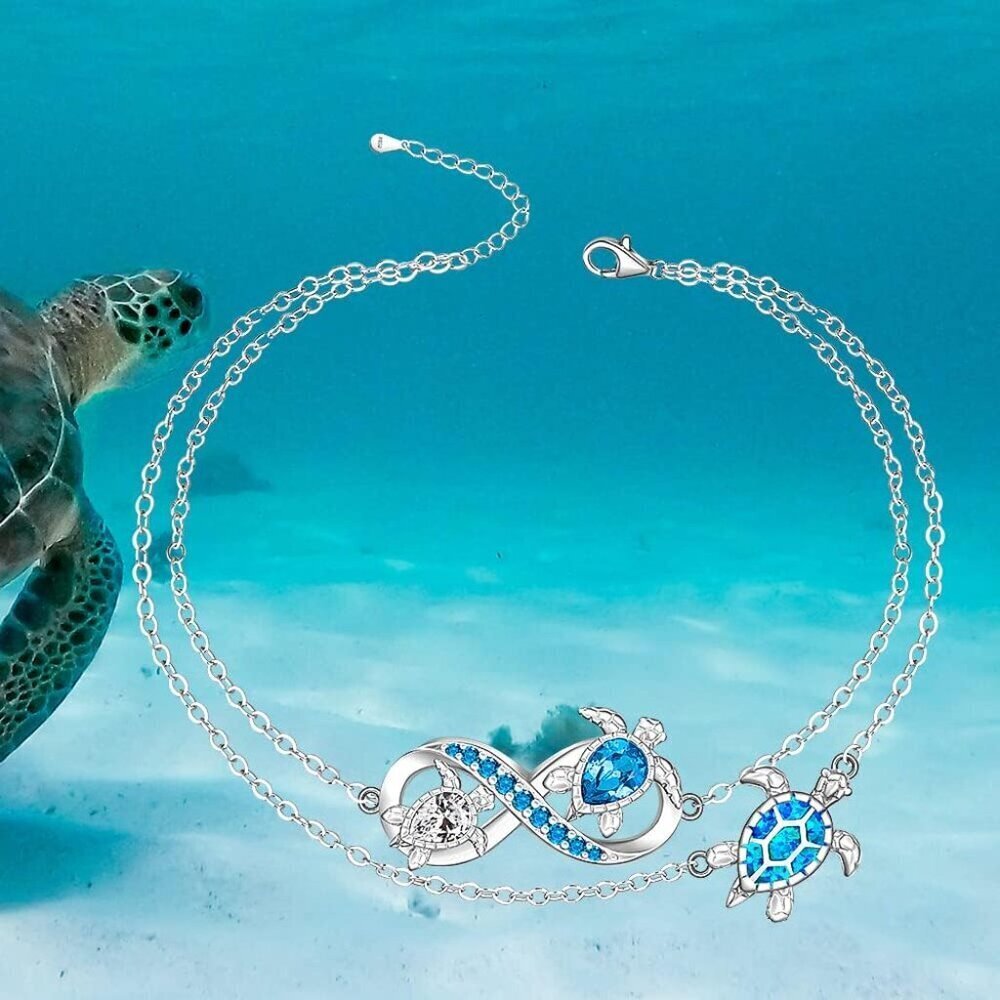 Sterling Silver Sea Turtle Anklet Blue Opal Beach Jewelry for Women - Picture 3 of 9